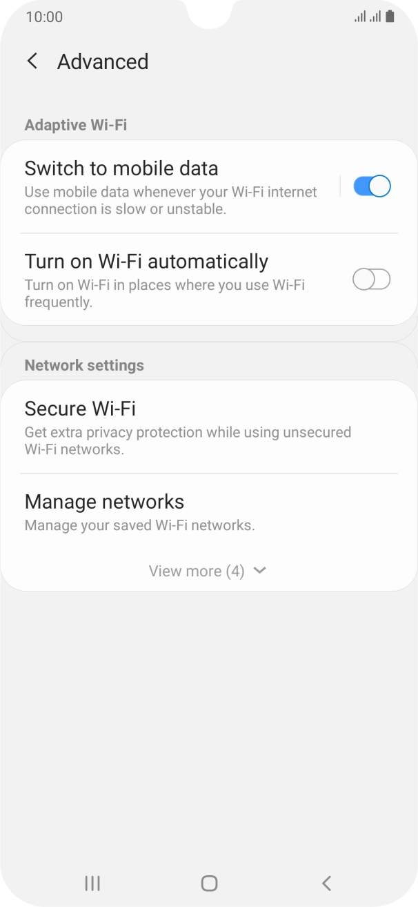 Press the indicator next to 'Switch to mobile data' to turn the function on or off. Press the indicator next to 'Switch to mobile data' to turn the function on or off.
