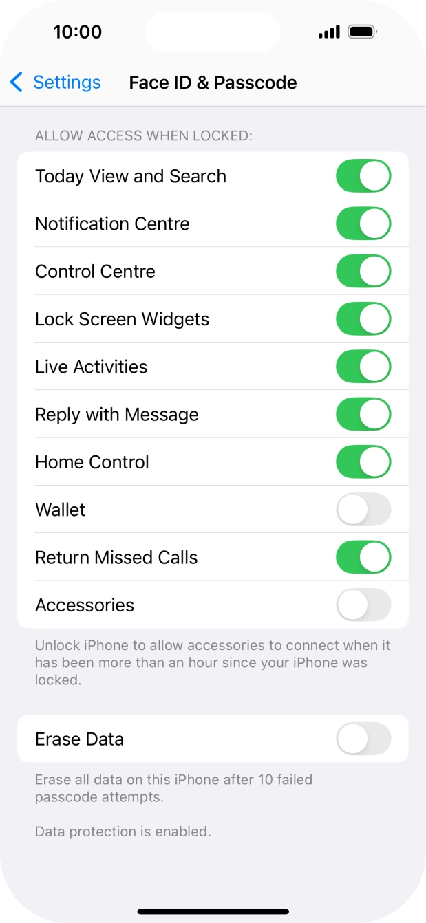 Press the indicator next to 'Erase Data' to turn the function on or off.