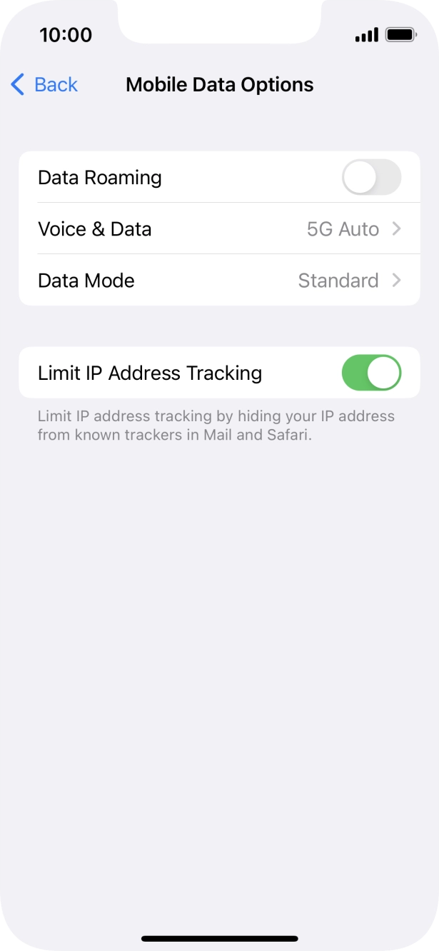 Press the indicator next to 'Data Roaming' to turn the function on or off.