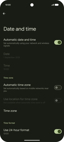 Press the indicator next to 'Automatic time zone' to turn on the function.