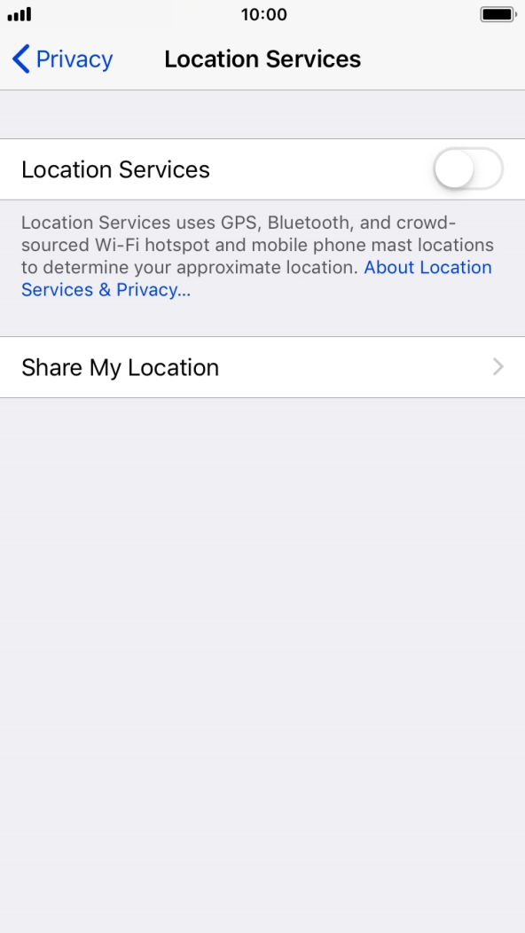Press the indicator next to 'Location Services' to turn the function on or off. Press the indicator next to 'Location Services' to turn the function on or off.