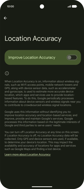 If you press the indicator next to 'Improve Location Accuracy' to turn on the function, your phone can find your exact position using the GPS satellites, the mobile network and nearby WiFi networks. Satellite-based GPS requires a clear view of the sky.
