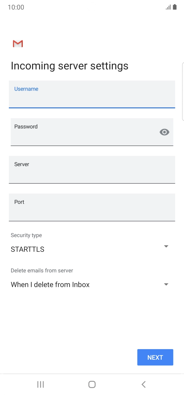 Press the field below 'Server' and key in the name of your email provider's incoming server. Press the field below 'Server' and key in the name of your email provider's incoming server.