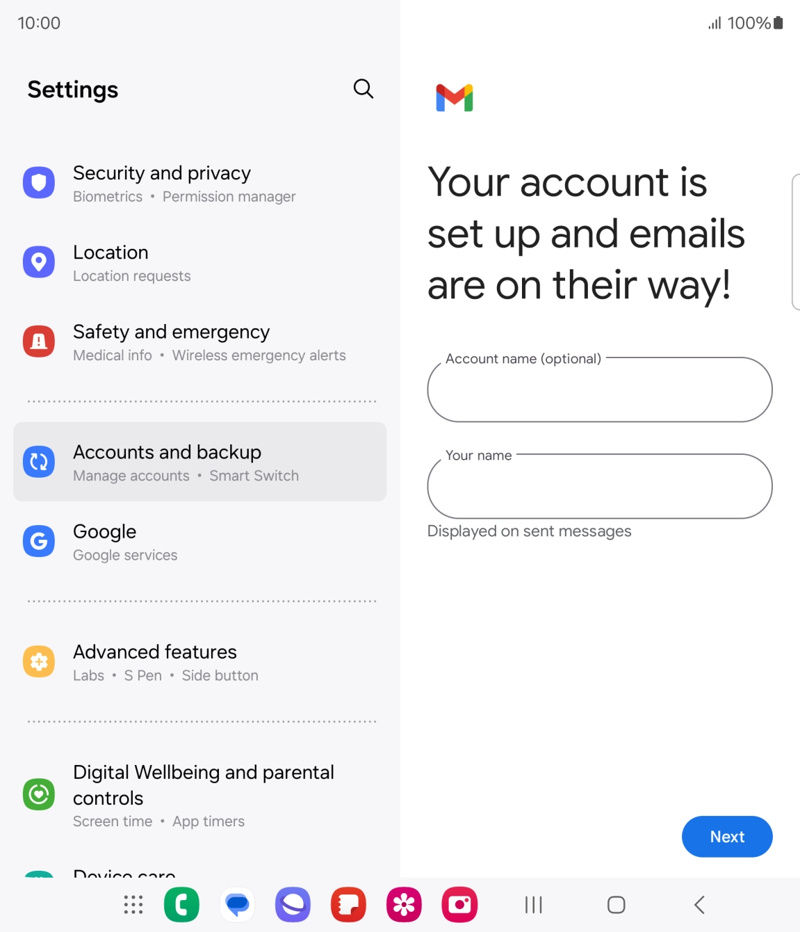 Press the field below 'Account name (optional)' and key in the required name. Press the field below 'Account name (optional)' and key in the required name.