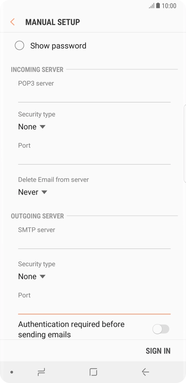 Press the indicator next to 'Authentication required before sending emails' to turn on the function. Press the indicator next to 'Authentication required before sending emails' to turn on the function.