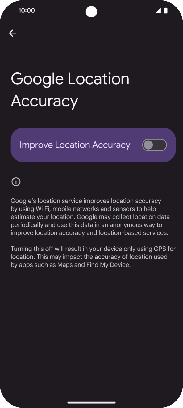 If you press the indicator next to 'Improve Location Accuracy' to turn on the function, your phone can find your exact position using the GPS satellites, the mobile network and nearby WiFi networks. Satellite-based GPS requires a clear view of the sky.