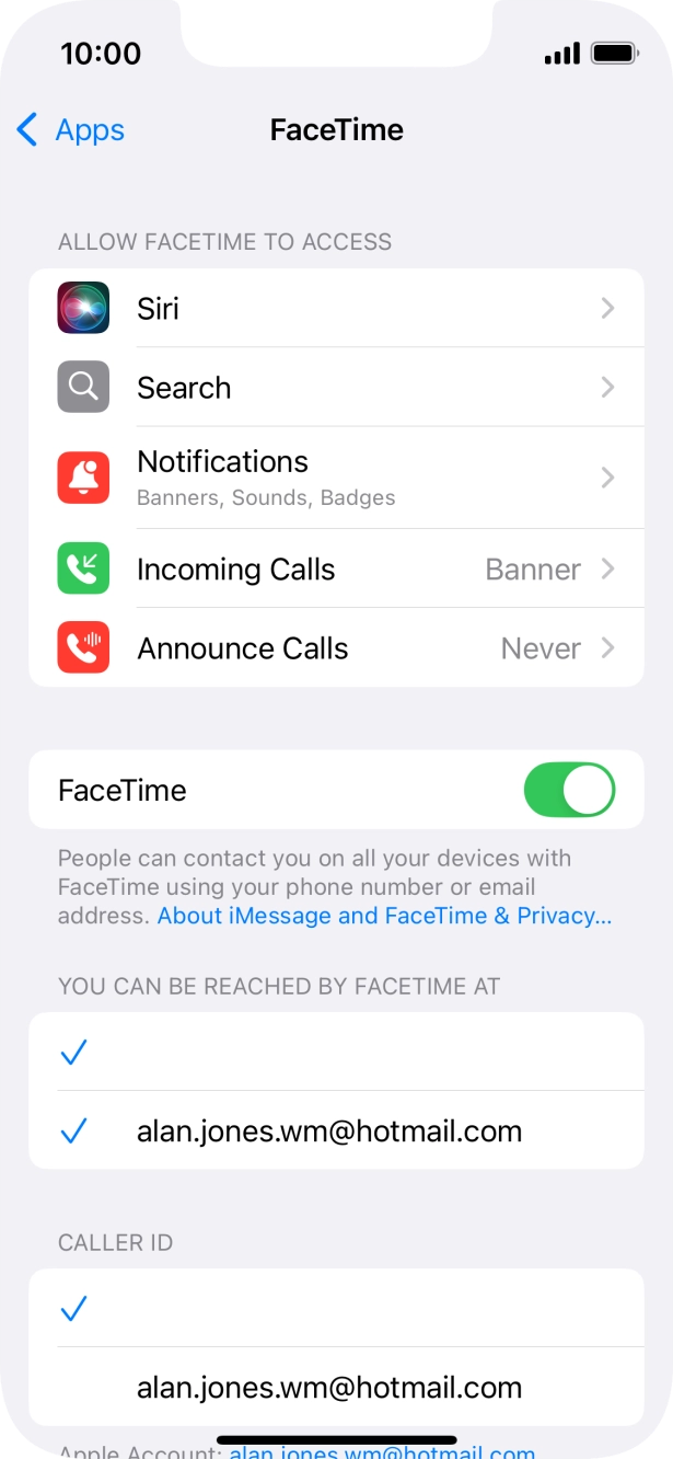 Press the indicator next to 'FaceTime' to turn the function on or off.