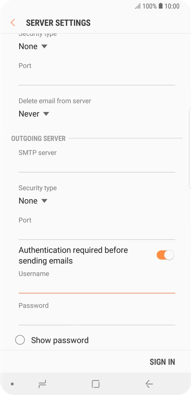 Press the field below 'Password' and key in the password of your email provider's outgoing server. Press the field below 'Password' and key in the password of your email provider's outgoing server.