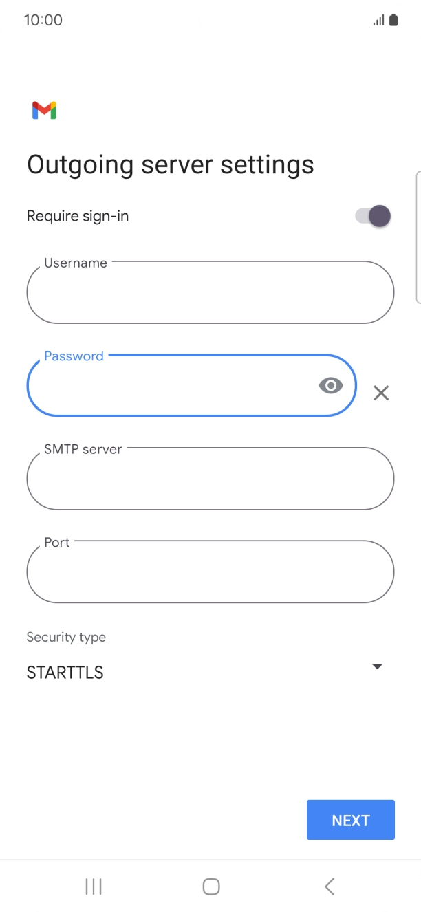 Press the field below 'SMTP server' and key in the name of your email provider's outgoing server. Press the field below 'SMTP server' and key in the name of your email provider's outgoing server.