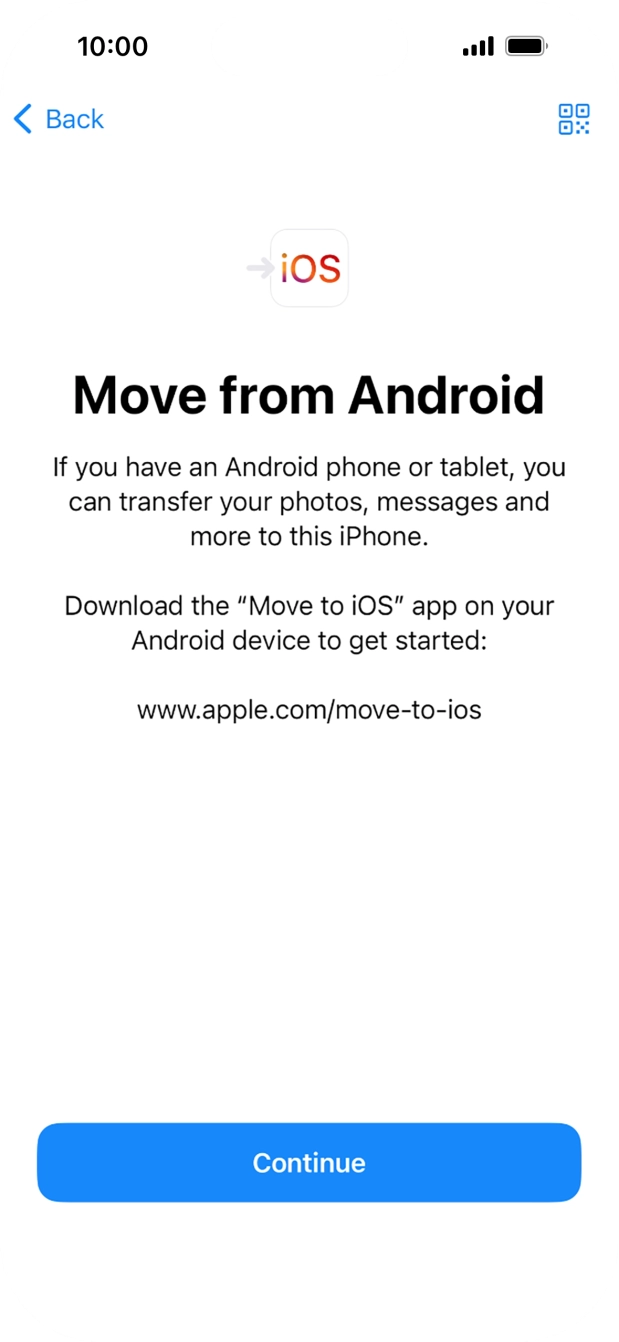 To transfer content to your phone, you need to install the app 'Move to iOS' on the Android phone. When the app is installed, press Continue.