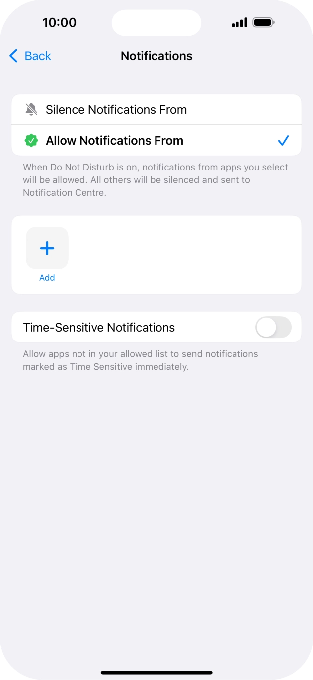 Press the indicator next to 'Time-Sensitive Notifications' to turn display of timed notifications on or off when Do Not Disturb is turned on. Press the indicator next to 'Time-Sensitive Notifications' to turn display of timed notifications on or off when Do Not Disturb is turned on.