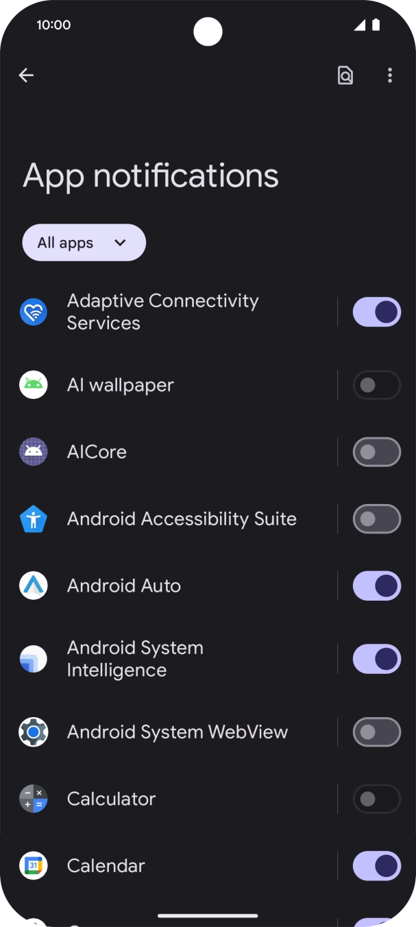 Press the indicator next to the required apps to turn the function on or off.