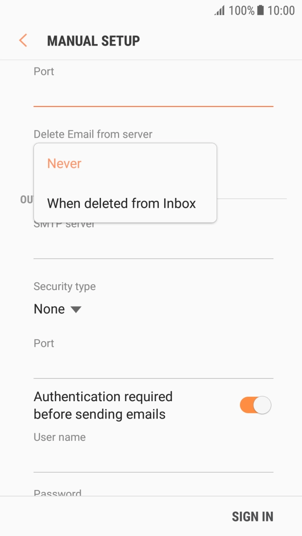 Press Never to keep emails on the server when you delete them on your phone.