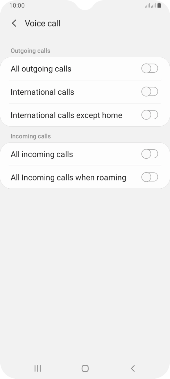Press the indicator next to the required barring type to turn the function on or off. Press the indicator next to the required barring type to turn the function on or off.