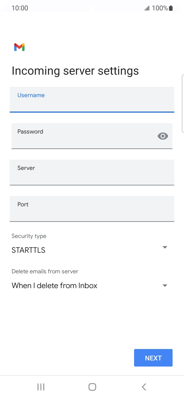 Press the field below 'Server' and key in the name of your email provider's incoming server. Press the field below 'Server' and key in the name of your email provider's incoming server.