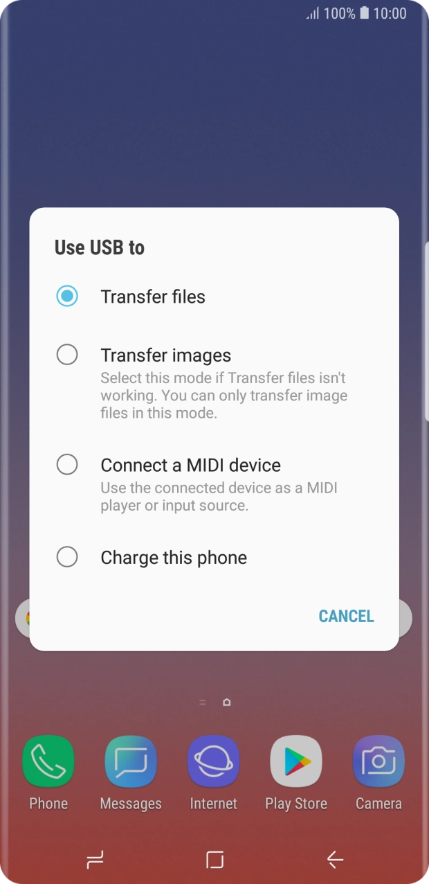Press Transfer files to turn on the function. Press Transfer files to turn on the function.