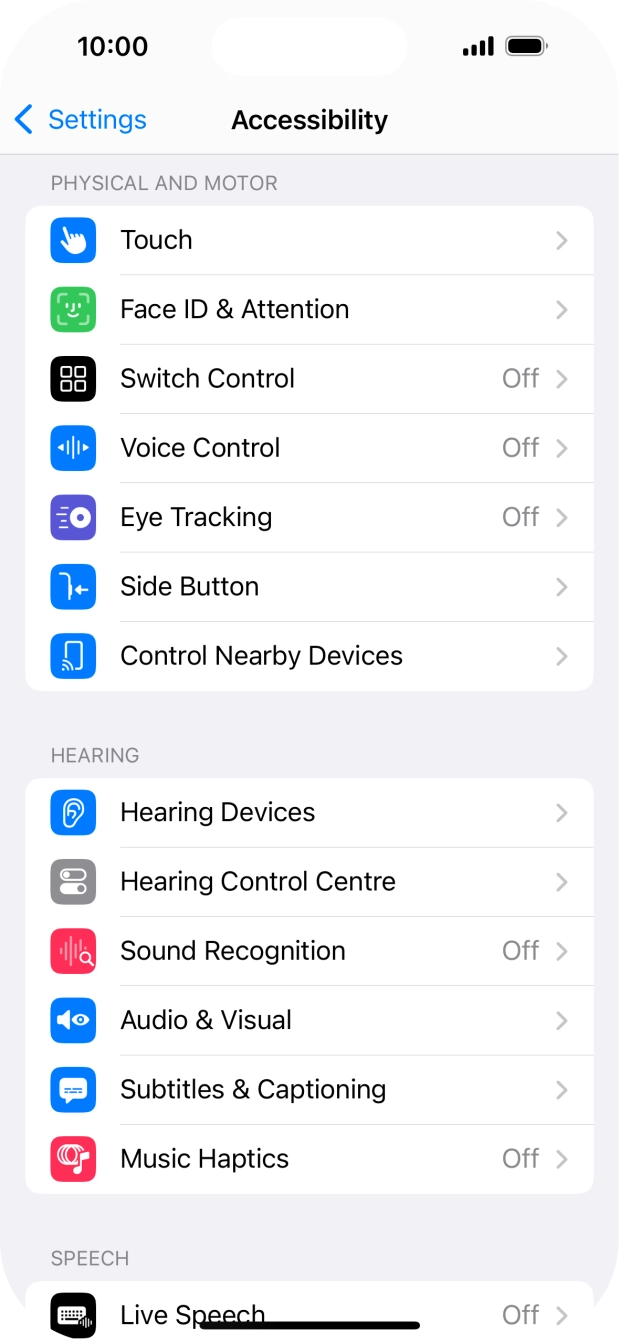 Press the required category below 'PHYSICAL AND MOTOR' and follow the instructions on the screen to select the required settings.