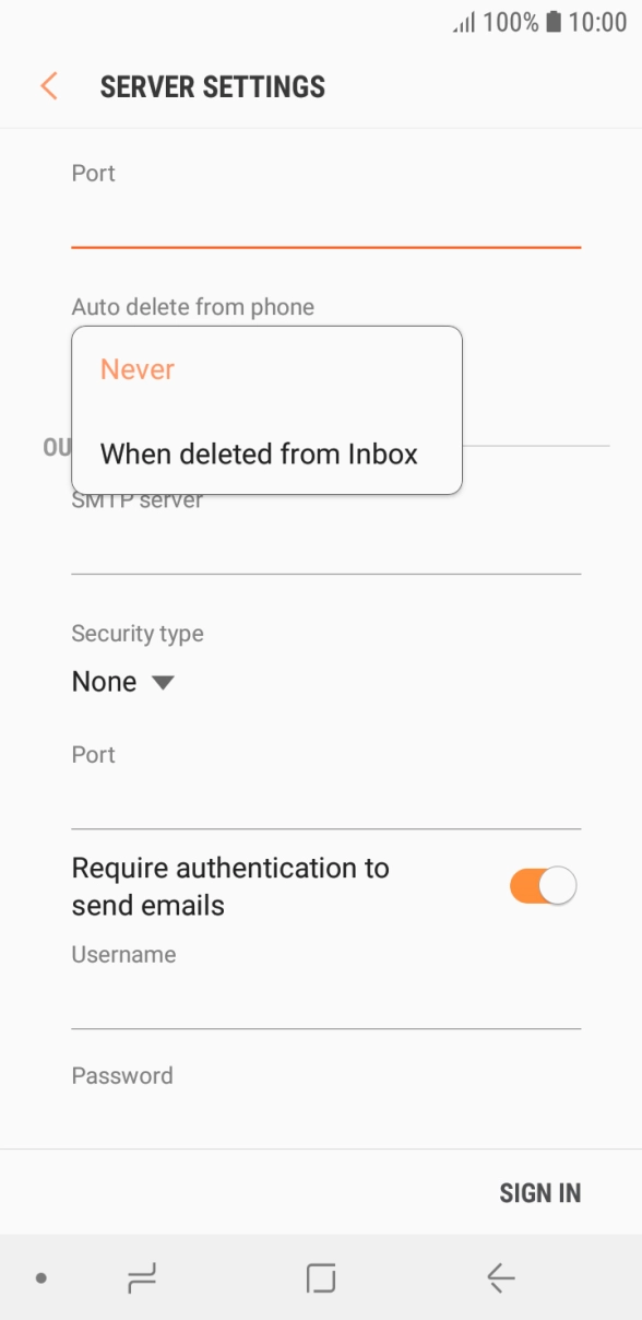 Press Never to keep emails on the server when you delete them on your phone. Press Never to keep emails on the server when you delete them on your phone.