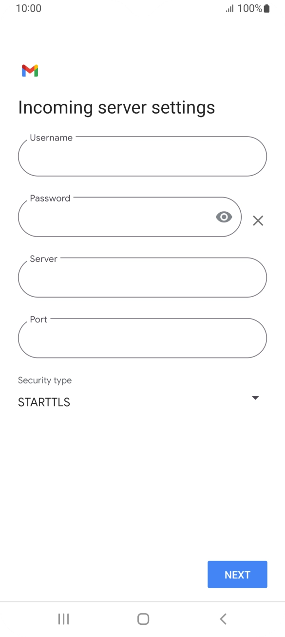 Press the field below 'Username' and key in the username for your email account. Press the field below 'Username' and key in the username for your email account.