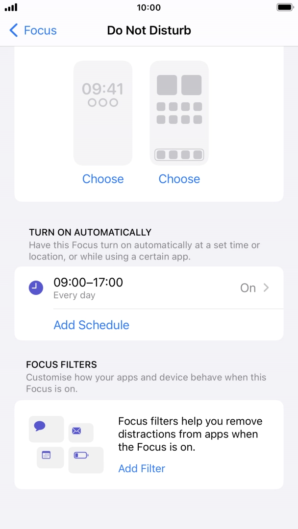Press Add Schedule and follow the instructions on the screen to select settings for automatic activation of Do Not Disturb. Press Add Schedule and follow the instructions on the screen to select settings for automatic activation of Do Not Disturb.