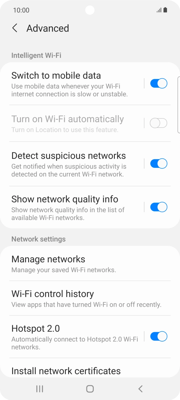 Press the indicator next to 'Switch to mobile data' to turn the function on or off. Press the indicator next to 'Switch to mobile data' to turn the function on or off.