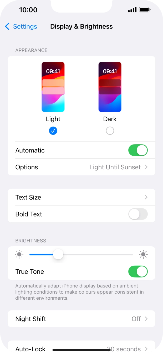 If you turn on the function, press Options and follow the instructions on the screen to select the required period of time for Dark Mode.
