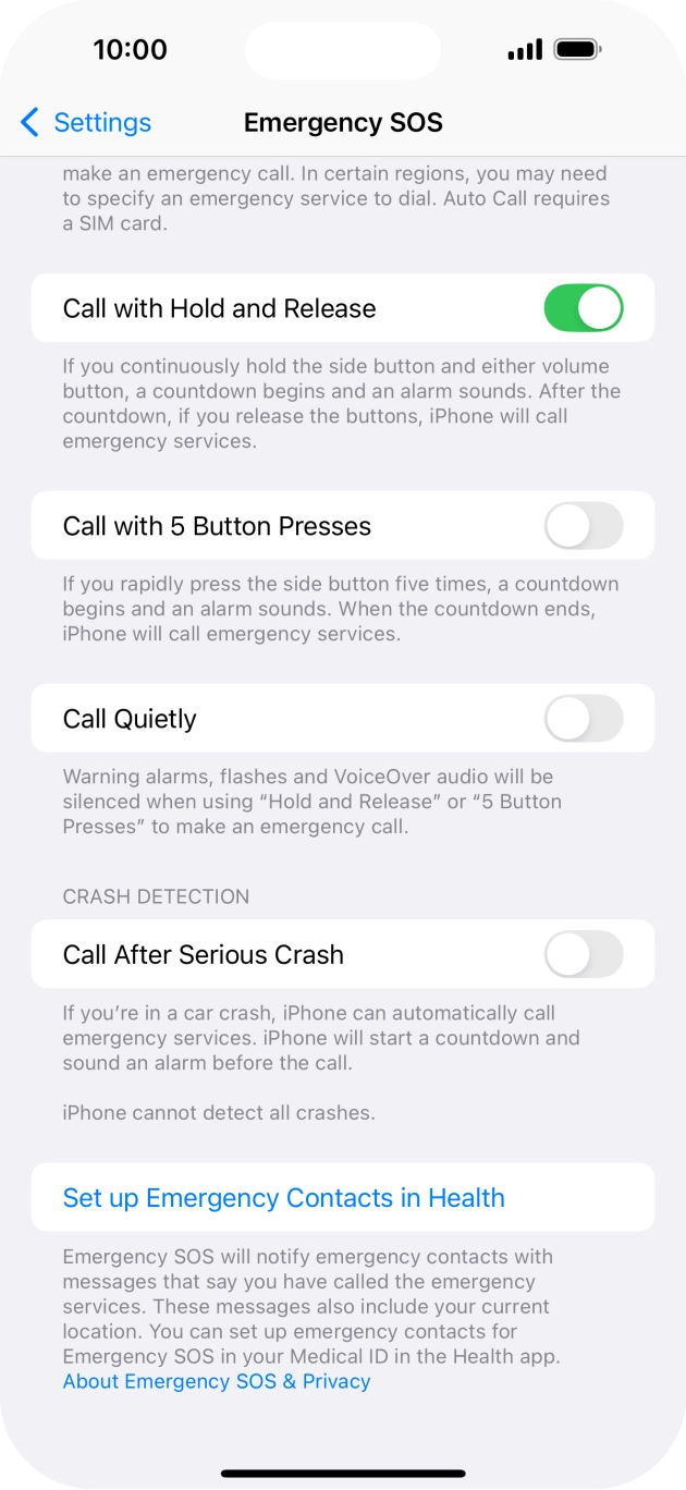 Press the indicator next to 'Call After Serious Crash' to turn on the function.