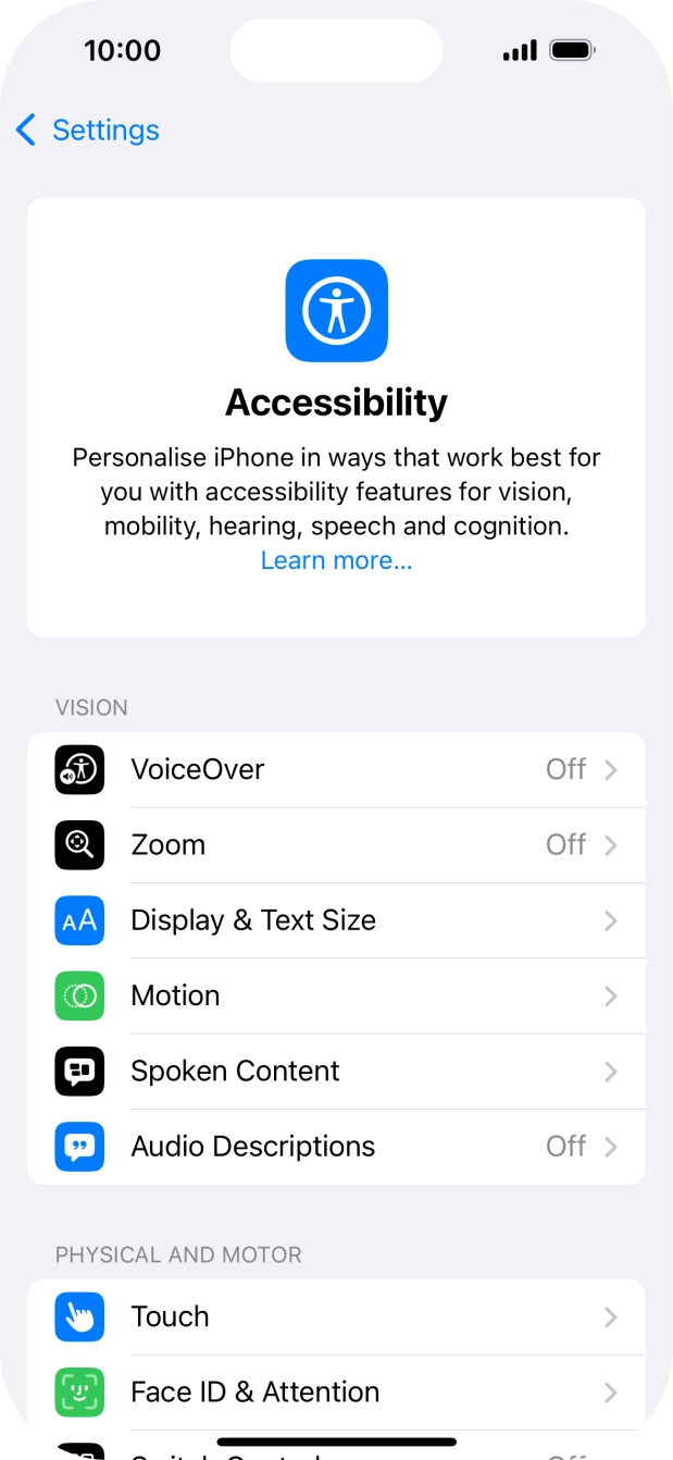Press the required category below 'VISION' and follow the instructions on the screen to select the required settings.