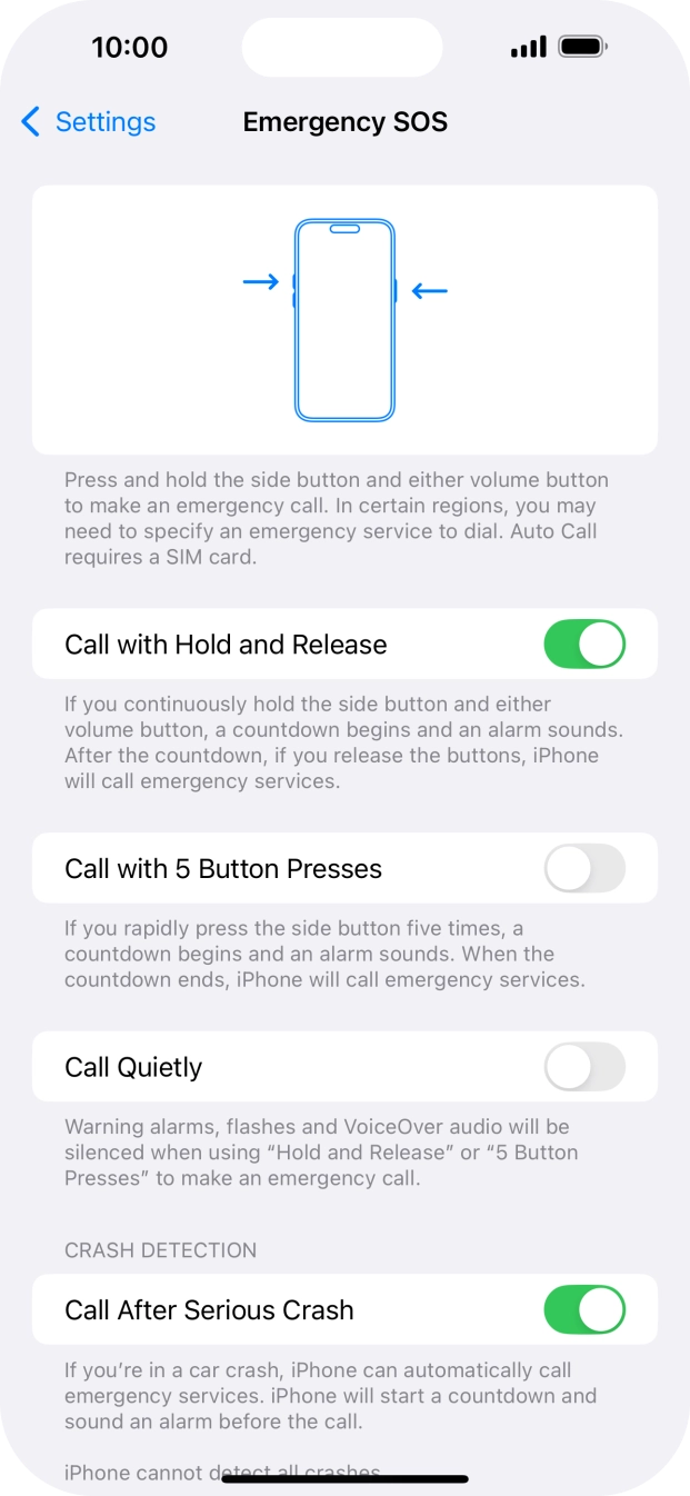 Press the indicator next to 'Call After Serious Crash' to turn on the function.