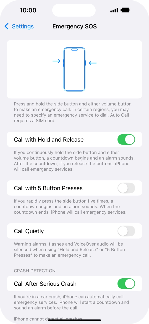 Press the indicator next to 'Call After Serious Crash' to turn on the function.