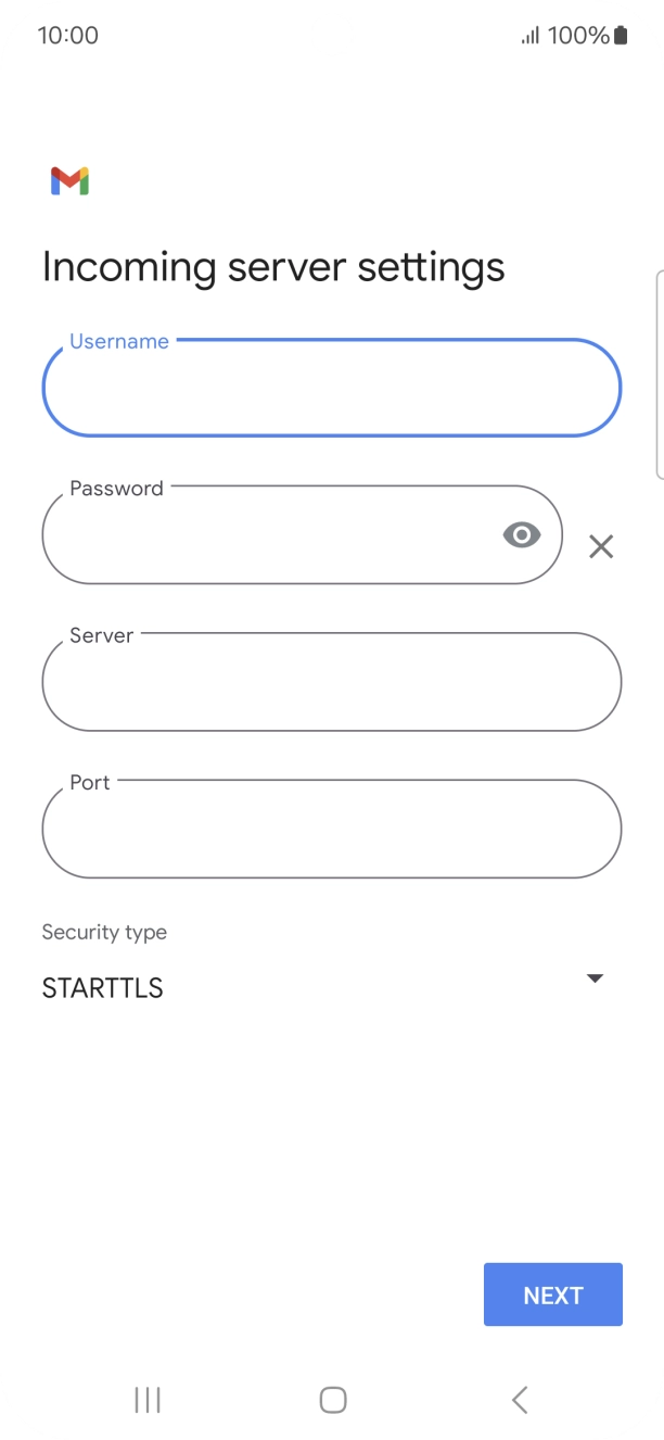 Press the field below 'Server' and key in the name of your email provider's incoming server. Press the field below 'Server' and key in the name of your email provider's incoming server.