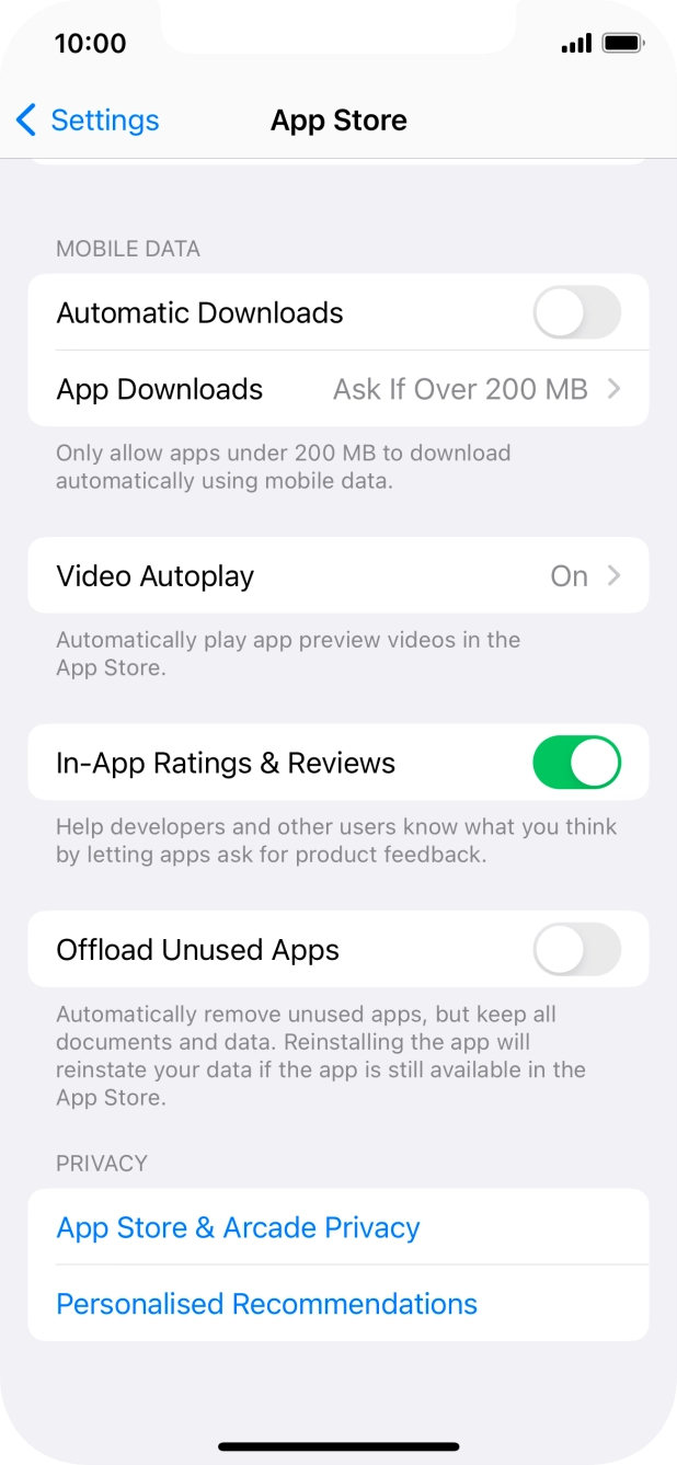 Press the indicator next to 'Offload Unused Apps' to turn the function on or off. Press the indicator next to 'Offload Unused Apps' to turn the function on or off.