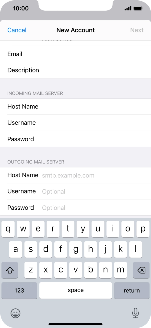 Press Host Name and key in the name of your email provider's outgoing server. Press Host Name and key in the name of your email provider's outgoing server.