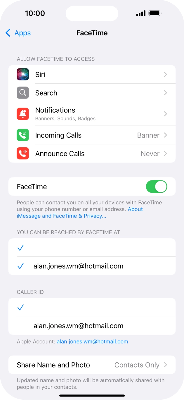 Press the indicator next to 'FaceTime' to turn the function on or off.