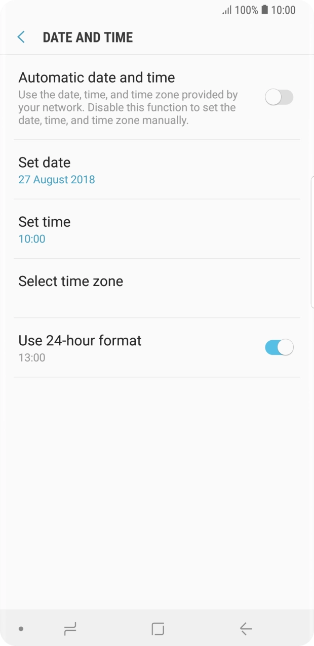 Press the indicator next to 'Automatic date and time' to turn on the function.