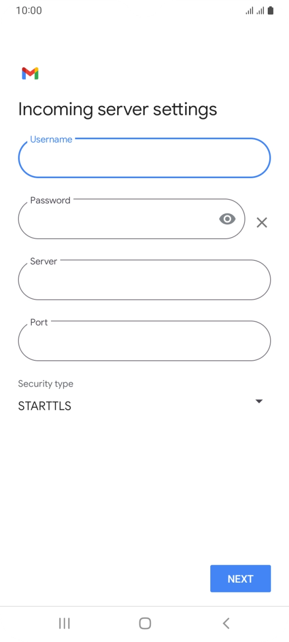 Press the field below 'Server' and key in the name of your email provider's incoming server. Press the field below 'Server' and key in the name of your email provider's incoming server.