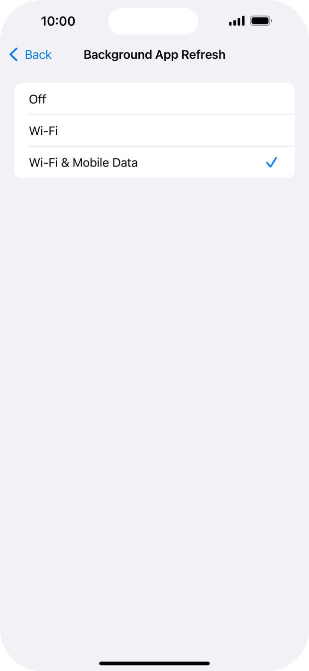 To turn off background refresh of apps, press Off. To turn off background refresh of apps, press Off.