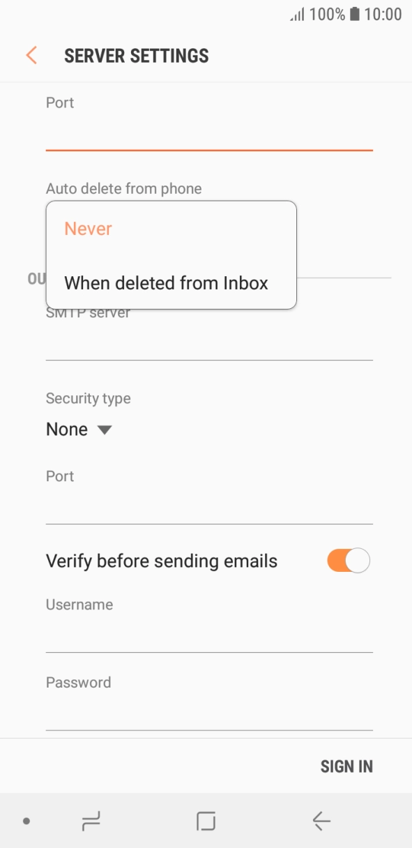 Press Never to keep emails on the server when you delete them on your phone. Press Never to keep emails on the server when you delete them on your phone.