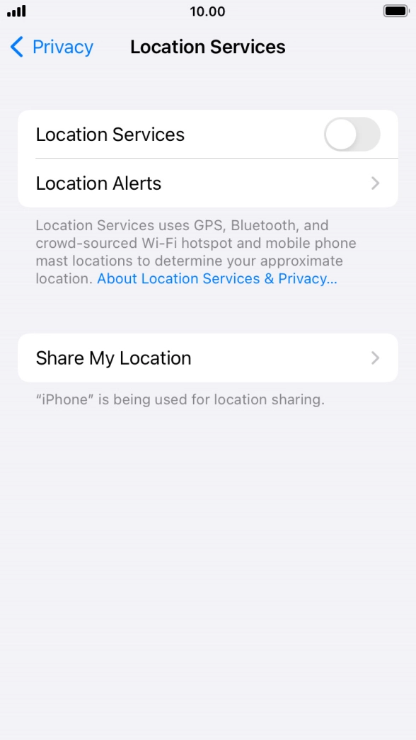 Press the indicator next to 'Location Services' to turn the function on or off.