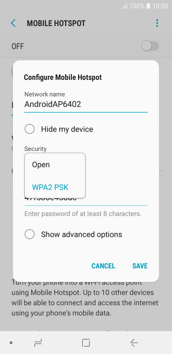 Press WPA2 PSK to password protect your WiFi hotspot.
