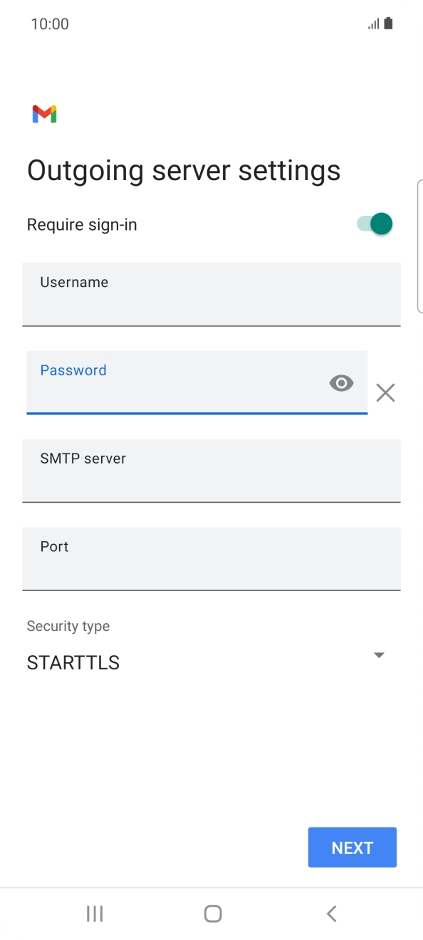 Press the field below 'SMTP server' and key in the name of your email provider's outgoing server. Press the field below 'SMTP server' and key in the name of your email provider's outgoing server.