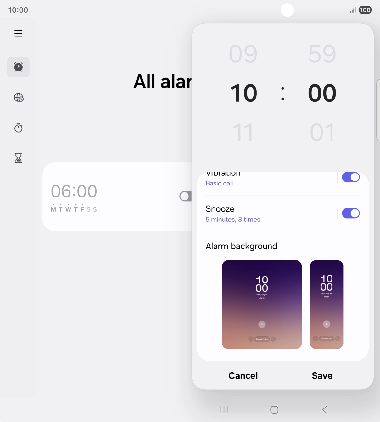 Press the indicator next to 'Snooze' to turn snooze on or off.