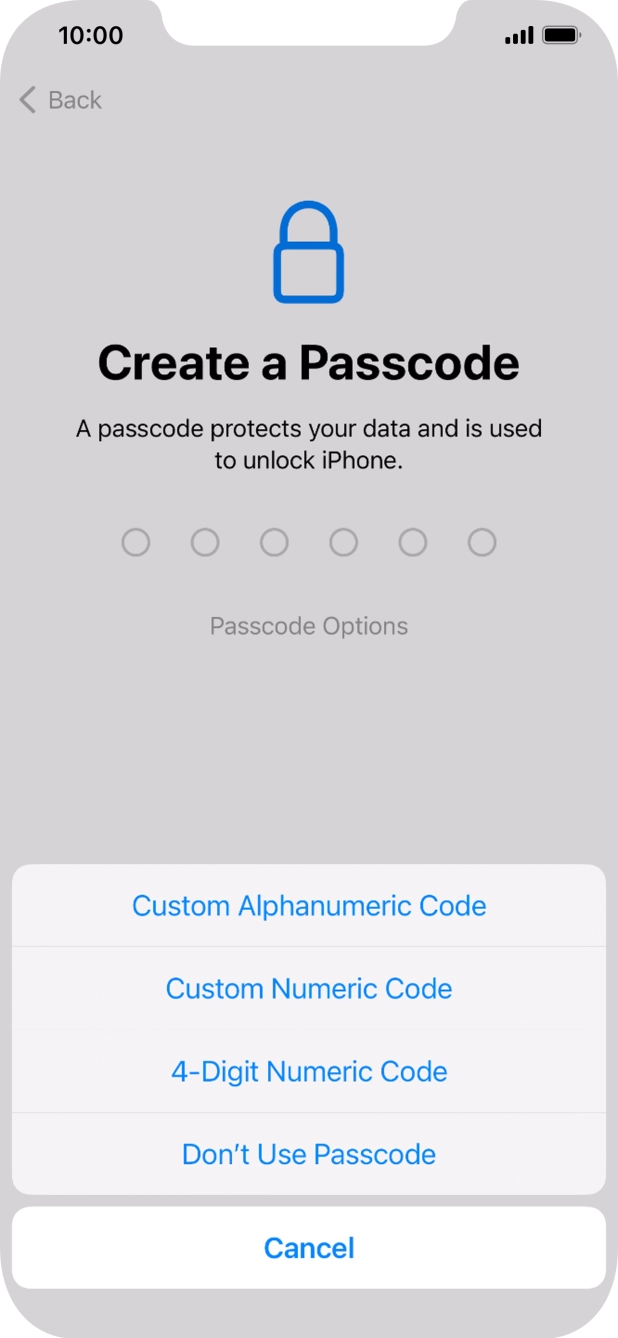 Follow the instructions on the screen to turn on the phone lock code or press Don't Use Passcode.