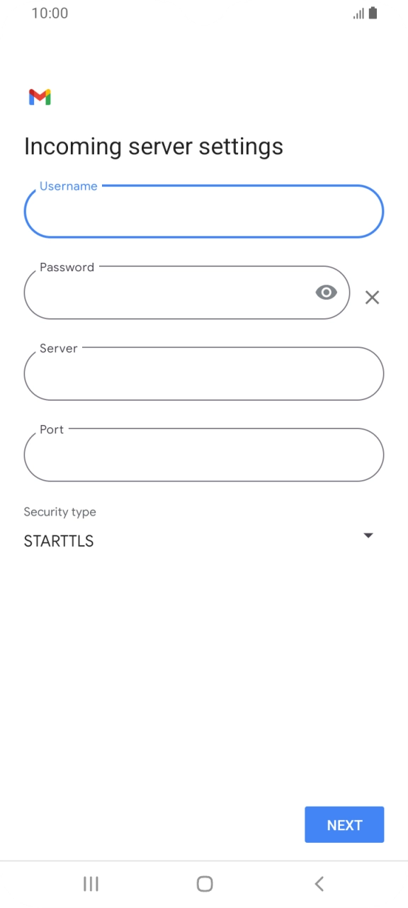 Press the field below 'Server' and key in the name of your email provider's incoming server. Press the field below 'Server' and key in the name of your email provider's incoming server.