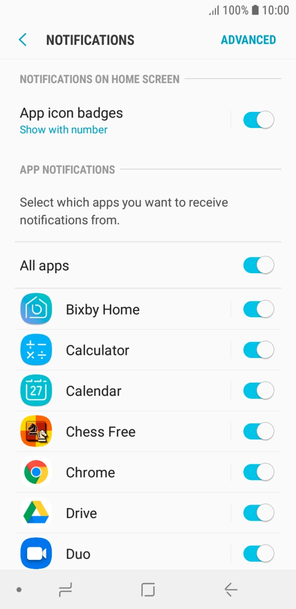 Press the indicator next to the required app to turn the function on or off. Press the indicator next to the required app to turn the function on or off.
