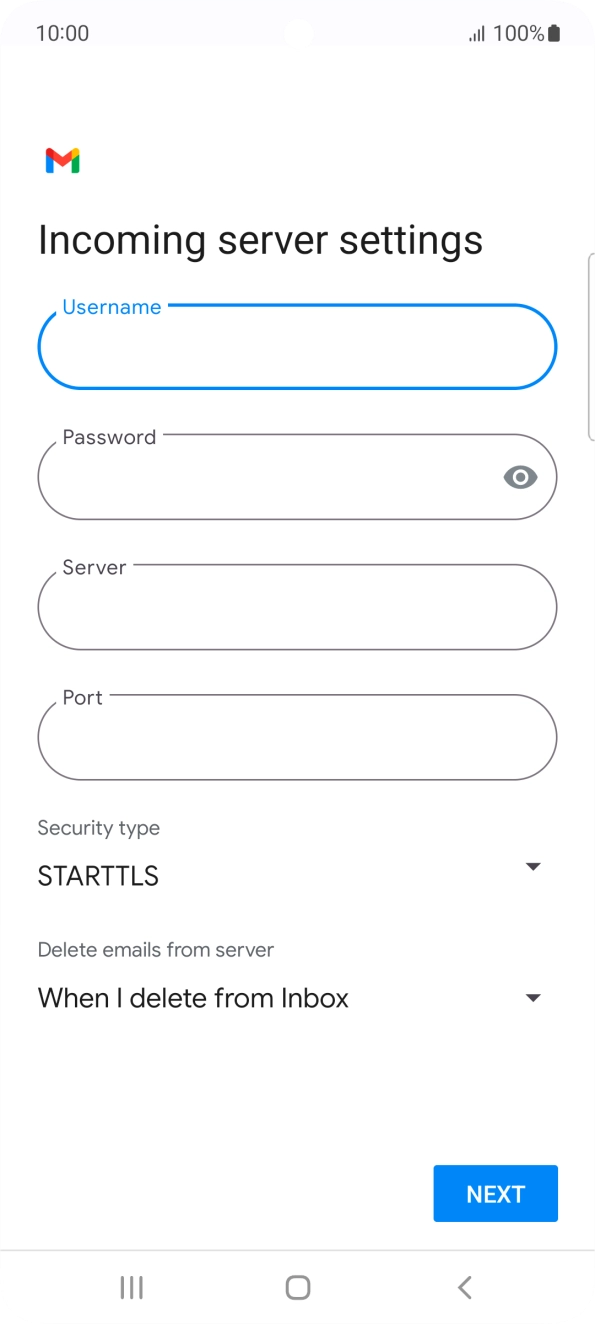 Press the field below 'Server' and key in the name of your email provider's incoming server. Press the field below 'Server' and key in the name of your email provider's incoming server.