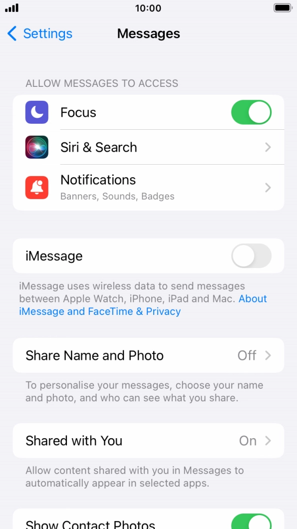 Press the indicator next to 'iMessage' to turn on the function.