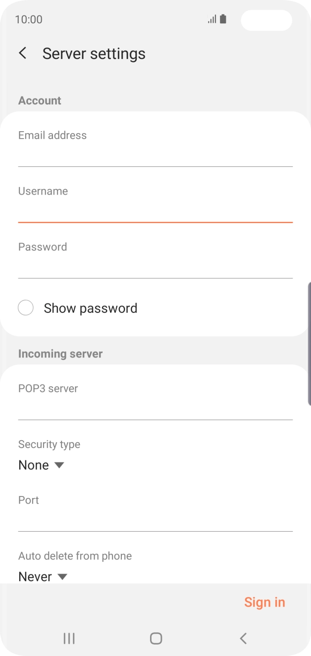 Press the field below 'POP3 server' and key in the name of your email provider's incoming server. Press the field below 'POP3 server' and key in the name of your email provider's incoming server.