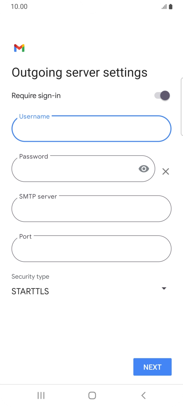 Press the field below 'Password' and key in the password of your email provider's outgoing server. Press the field below 'Password' and key in the password of your email provider's outgoing server.