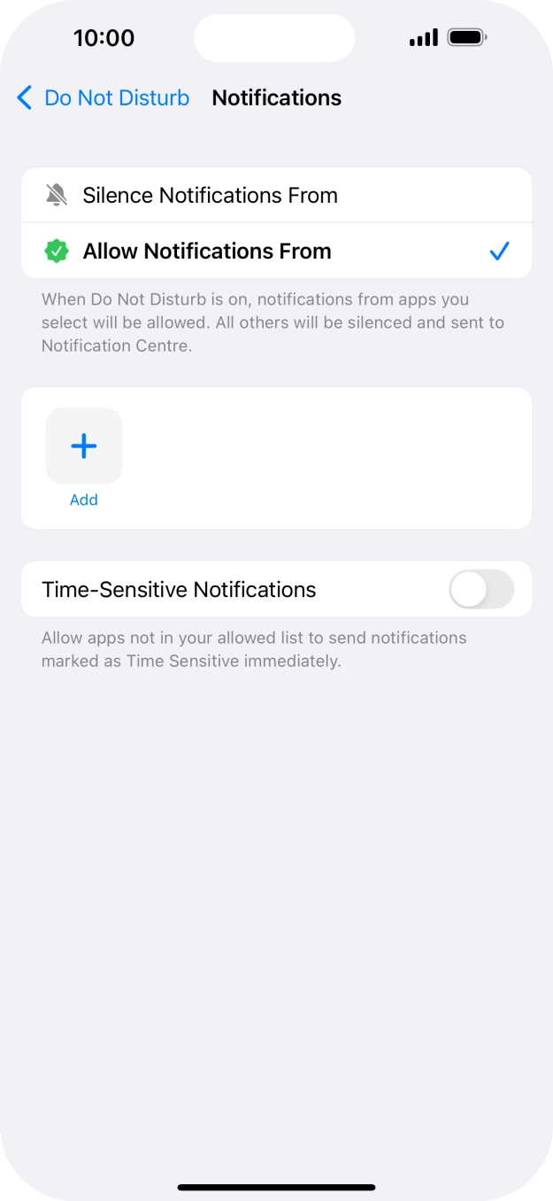 Press the indicator next to 'Time-Sensitive Notifications' to turn display of timed notifications on or off when Do Not Disturb is turned on. Press the indicator next to 'Time-Sensitive Notifications' to turn display of timed notifications on or off when Do Not Disturb is turned on.